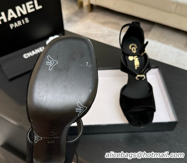 Good Product Chanel Suede Heel Sandals 8cm with Strass Buckles Black 2025 G46657
