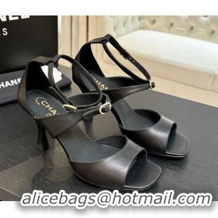 Durable Chanel Lambskin Heel Sandals 8cm with Strass Buckles Black 2025 G46657