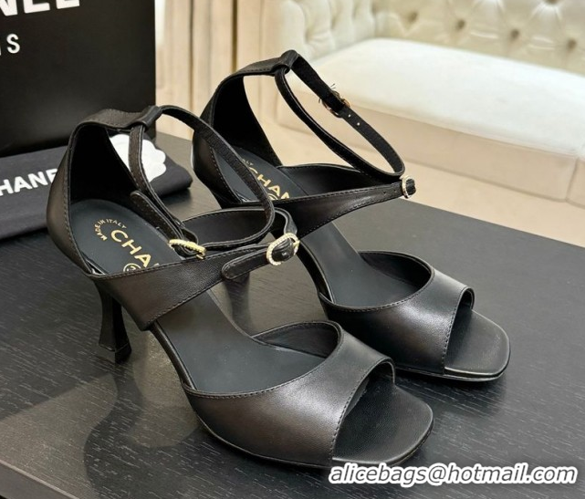 Durable Chanel Lambskin Heel Sandals 8cm with Strass Buckles Black 2025 G46657