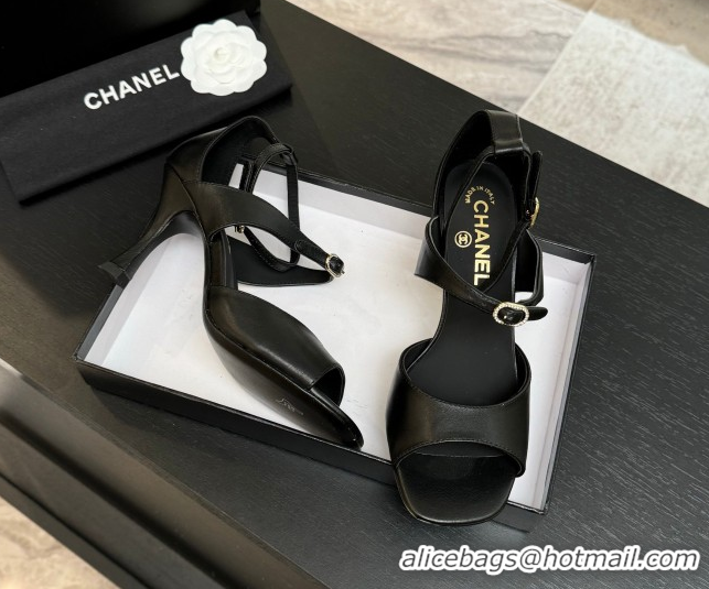 Durable Chanel Lambskin Heel Sandals 8cm with Strass Buckles Black 2025 G46657