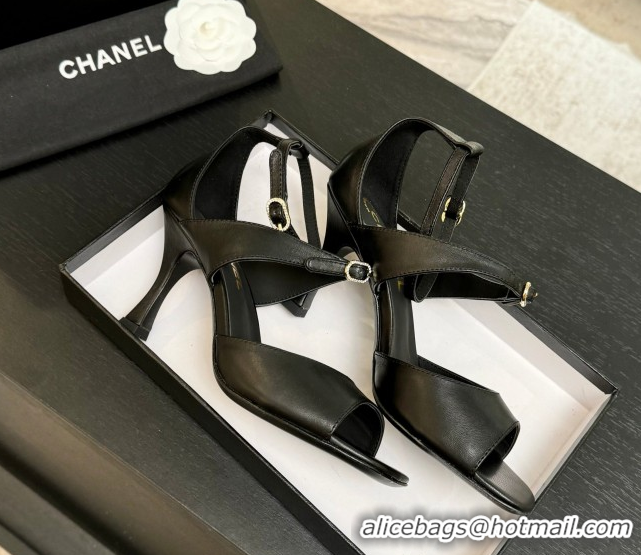 Durable Chanel Lambskin Heel Sandals 8cm with Strass Buckles Black 2025 G46657