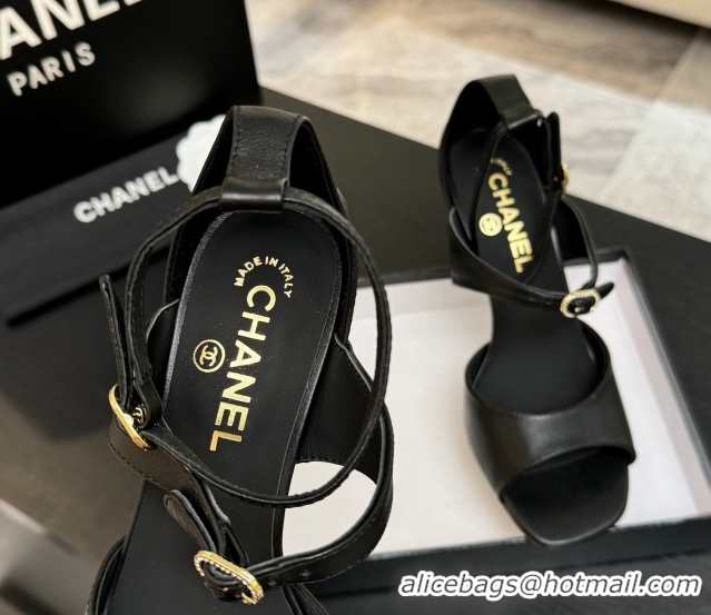 Durable Chanel Lambskin Heel Sandals 8cm with Strass Buckles Black 2025 G46657
