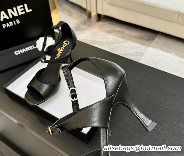 Durable Chanel Lambskin Heel Sandals 8cm with Strass Buckles Black 2025 G46657