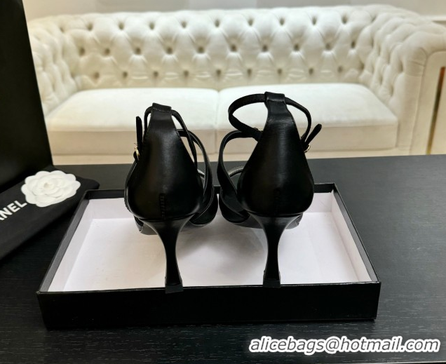 Durable Chanel Lambskin Heel Sandals 8cm with Strass Buckles Black 2025 G46657