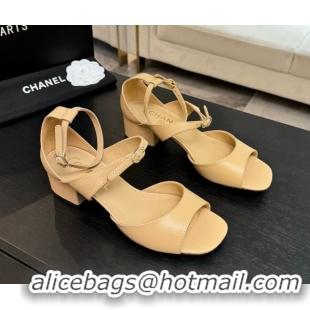 Discount Chanel Lambskin Low Heel Sandals with Strass Buckles Beige 2025 G46657