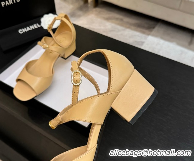 Discount Chanel Lambskin Low Heel Sandals with Strass Buckles Beige 2025 G46657