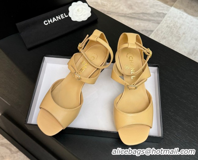 Discount Chanel Lambskin Low Heel Sandals with Strass Buckles Beige 2025 G46657