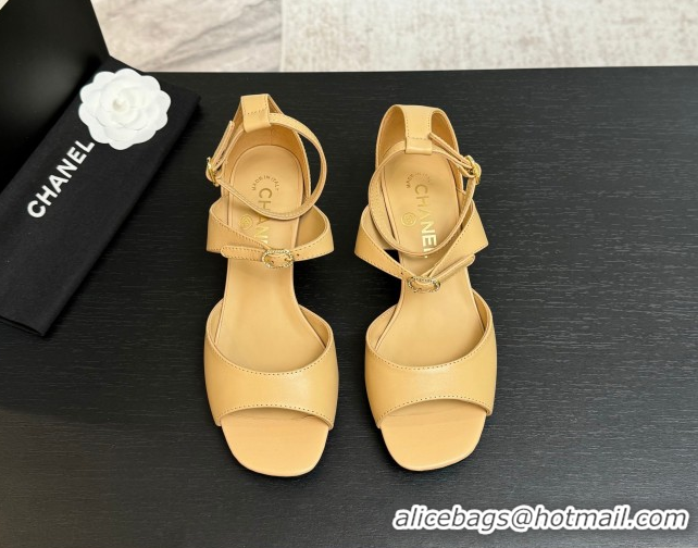 Discount Chanel Lambskin Low Heel Sandals with Strass Buckles Beige 2025 G46657