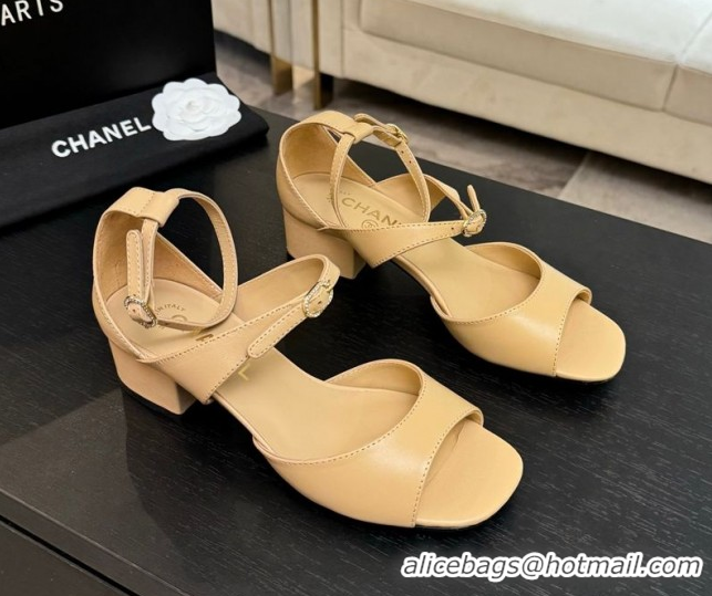 Discount Chanel Lambskin Low Heel Sandals with Strass Buckles Beige 2025 G46657