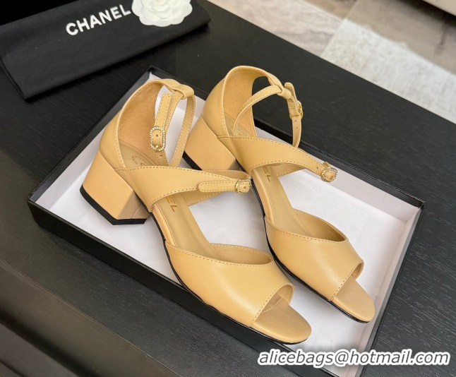 Discount Chanel Lambskin Low Heel Sandals with Strass Buckles Beige 2025 G46657