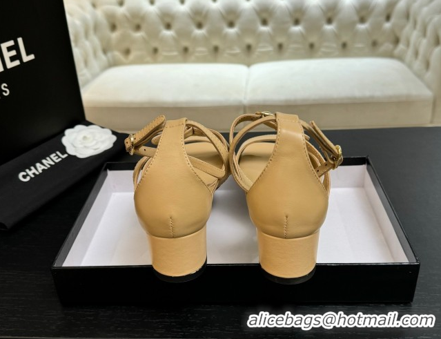 Discount Chanel Lambskin Low Heel Sandals with Strass Buckles Beige 2025 G46657