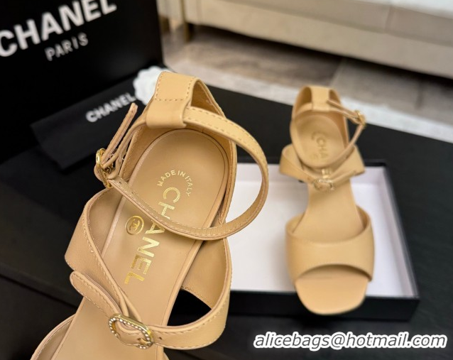 Discount Chanel Lambskin Low Heel Sandals with Strass Buckles Beige 2025 G46657
