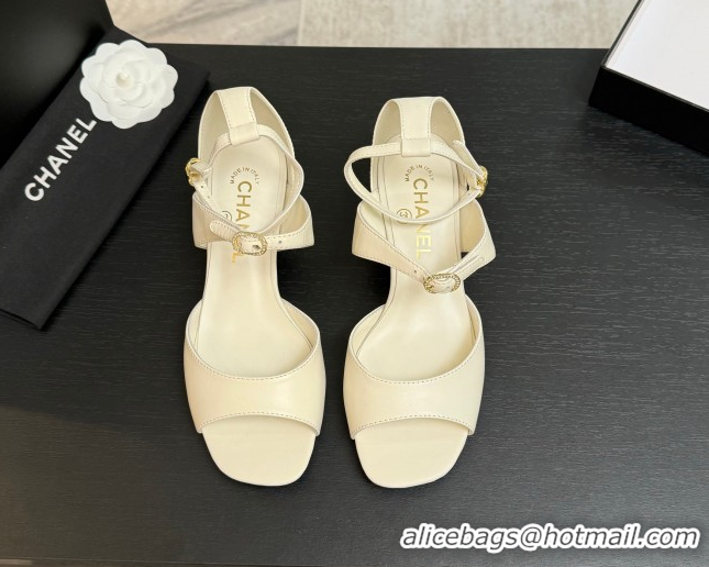 Best Price Chanel Lambskin Low Heel Sandals with Strass Buckles White 2025 G46657