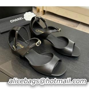 Purchase Chanel Lambskin Low Heel Sandals with Strass Buckles Black 2025 G46657