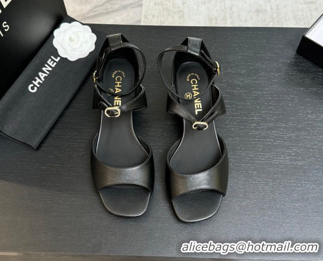 Purchase Chanel Lambskin Low Heel Sandals with Strass Buckles Black 2025 G46657