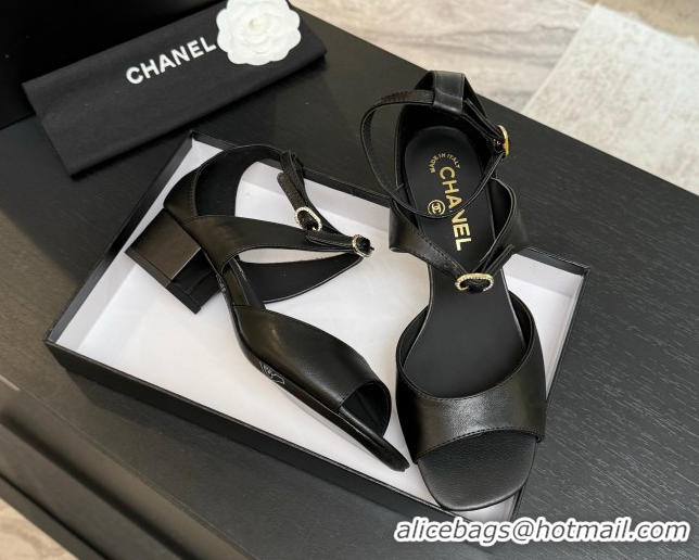 Purchase Chanel Lambskin Low Heel Sandals with Strass Buckles Black 2025 G46657