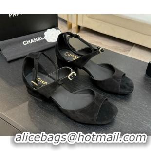 Popular Style Chanel Suede Low Heel Sandals with Strass Buckles Black 2025 G46657