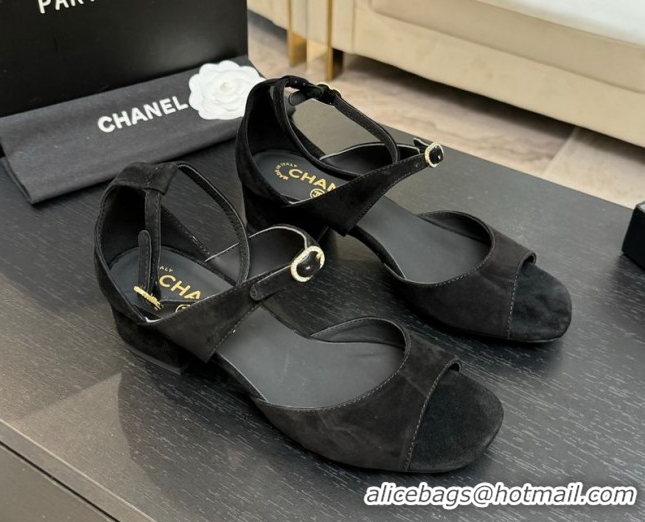 Popular Style Chanel Suede Low Heel Sandals with Strass Buckles Black 2025 G46657
