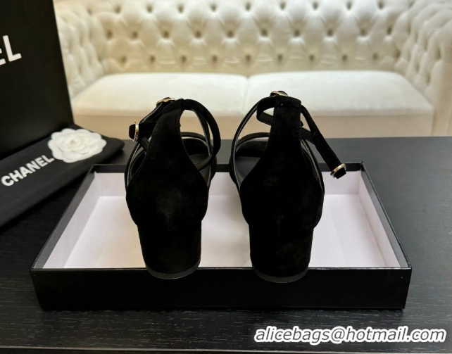 Popular Style Chanel Suede Low Heel Sandals with Strass Buckles Black 2025 G46657