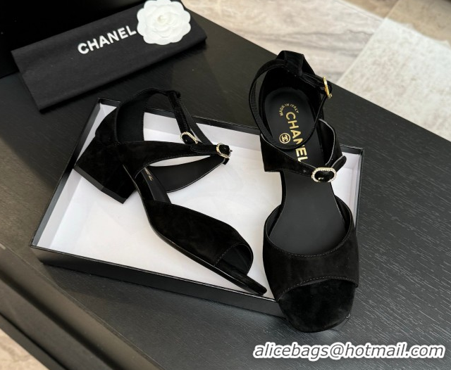 Popular Style Chanel Suede Low Heel Sandals with Strass Buckles Black 2025 G46657