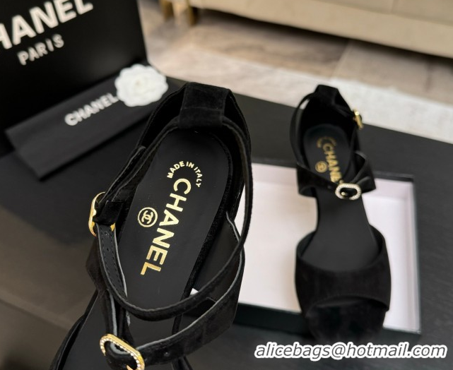 Popular Style Chanel Suede Low Heel Sandals with Strass Buckles Black 2025 G46657