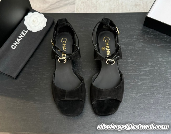 Popular Style Chanel Suede Low Heel Sandals with Strass Buckles Black 2025 G46657
