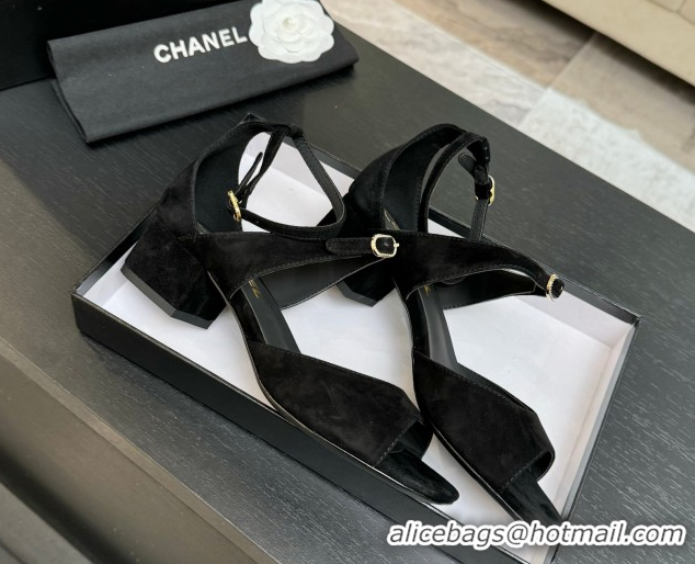 Popular Style Chanel Suede Low Heel Sandals with Strass Buckles Black 2025 G46657