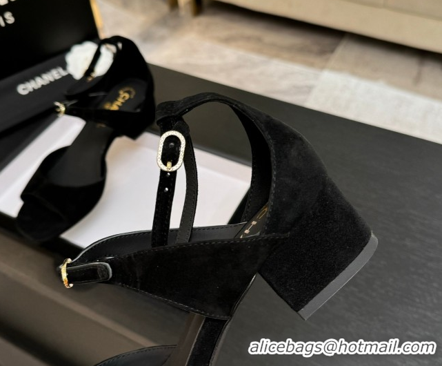Popular Style Chanel Suede Low Heel Sandals with Strass Buckles Black 2025 G46657