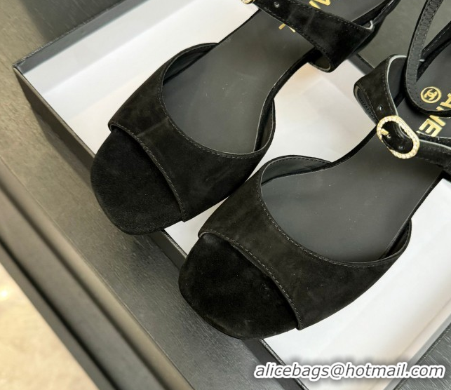 Popular Style Chanel Suede Low Heel Sandals with Strass Buckles Black 2025 G46657