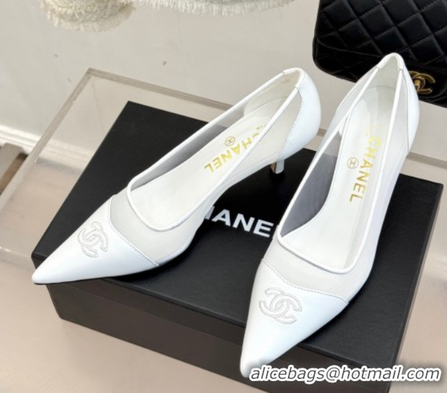 Top Design Chanel Calfskin & Mesh Pumps 8cm White 2025 CH090201