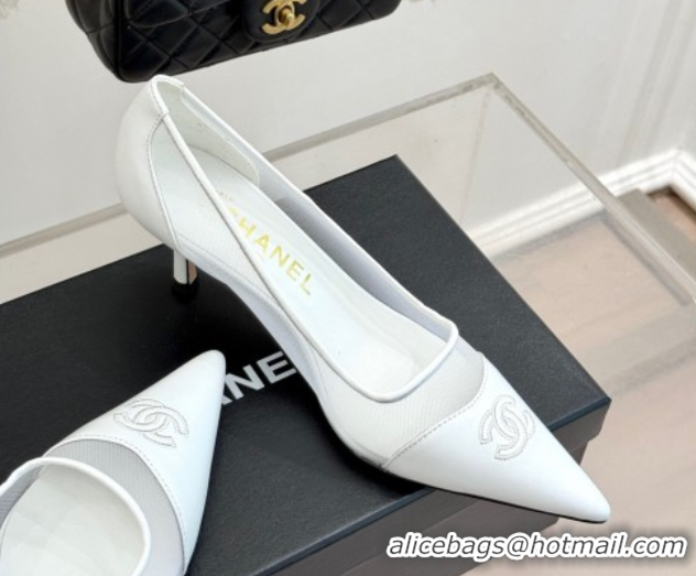 Top Design Chanel Calfskin & Mesh Pumps 8cm White 2025 CH090201