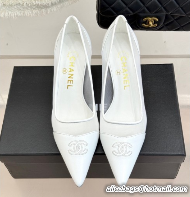 Top Design Chanel Calfskin & Mesh Pumps 8cm White 2025 CH090201
