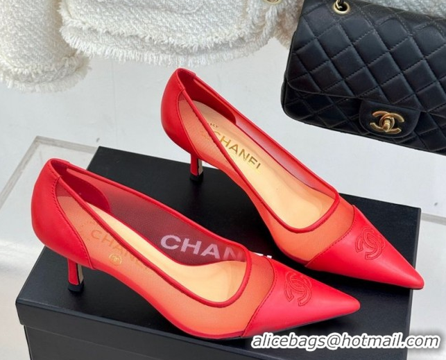 Good Quality Chanel Calfskin & Mesh Pumps 8cm Red 2025 CH090201