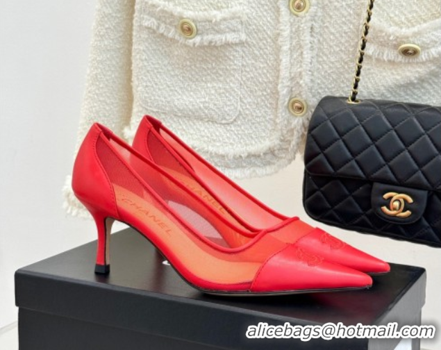 Good Quality Chanel Calfskin & Mesh Pumps 8cm Red 2025 CH090201