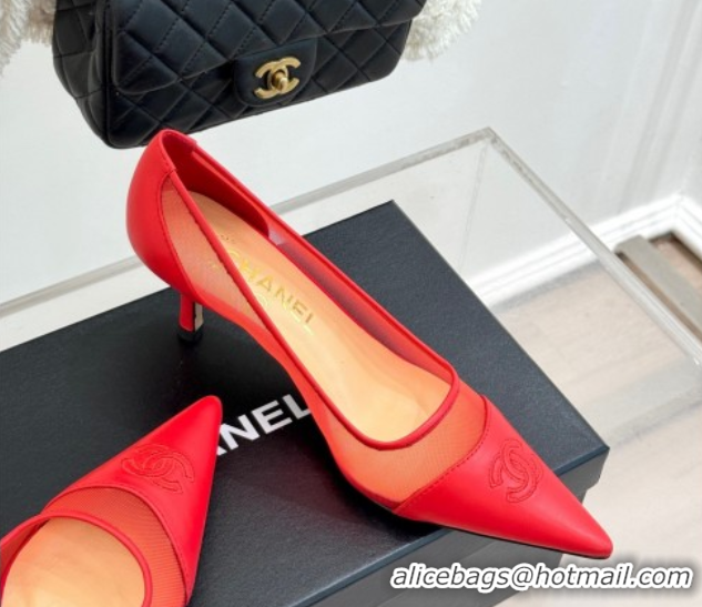 Good Quality Chanel Calfskin & Mesh Pumps 8cm Red 2025 CH090201