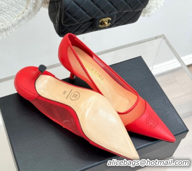 Good Quality Chanel Calfskin & Mesh Pumps 8cm Red 2025 CH090201