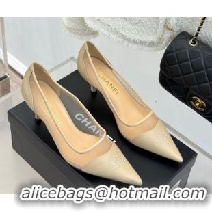Luxury Cheap Chanel Calfskin & Mesh Pumps 8cm Beige 2025 CH090201