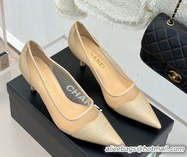 Luxury Cheap Chanel Calfskin & Mesh Pumps 8cm Beige 2025 CH090201