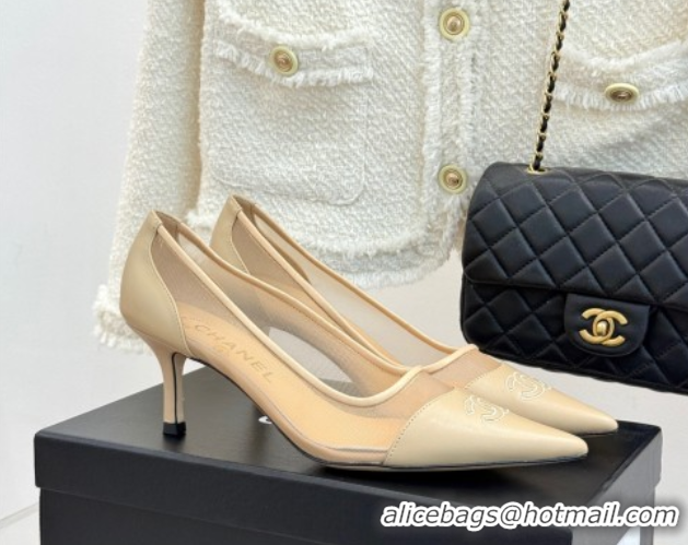 Luxury Cheap Chanel Calfskin & Mesh Pumps 8cm Beige 2025 CH090201