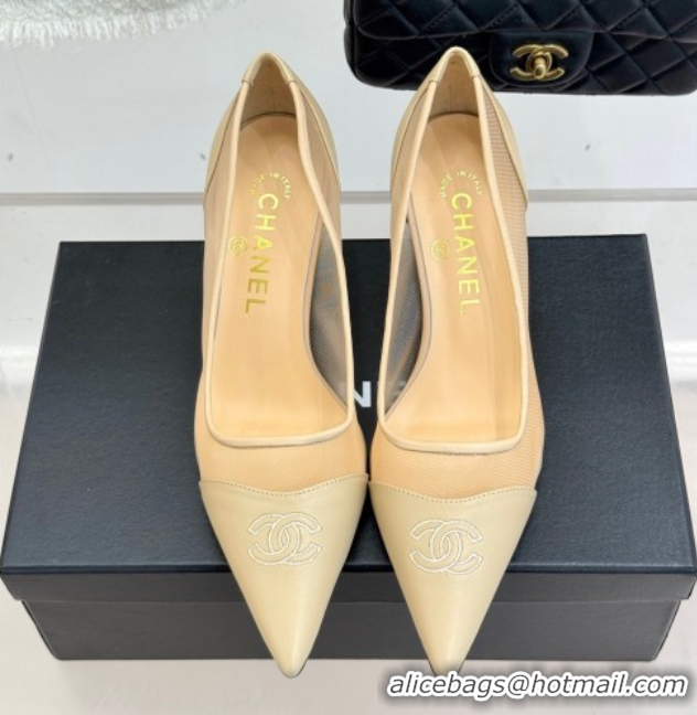 Luxury Cheap Chanel Calfskin & Mesh Pumps 8cm Beige 2025 CH090201
