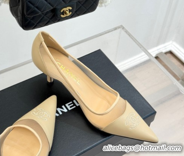 Luxury Cheap Chanel Calfskin & Mesh Pumps 8cm Beige 2025 CH090201