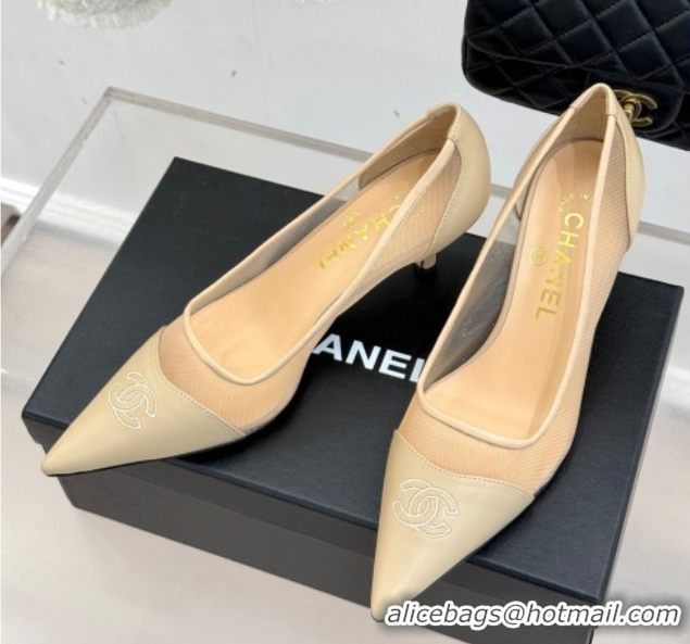 Luxury Cheap Chanel Calfskin & Mesh Pumps 8cm Beige 2025 CH090201