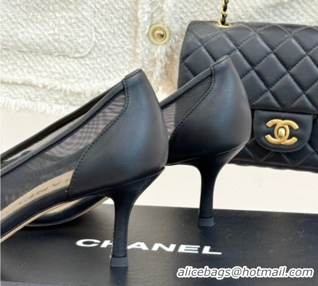 Luxury Chanel Calfskin & Mesh Pumps 8cm Black 2025 CH090201