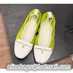 Shop Duplicate Chanel Suede & Calfskin Ballet Flats with Bow Green 2025 CH090202