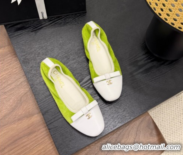 Shop Duplicate Chanel Suede & Calfskin Ballet Flats with Bow Green 2025 CH090202