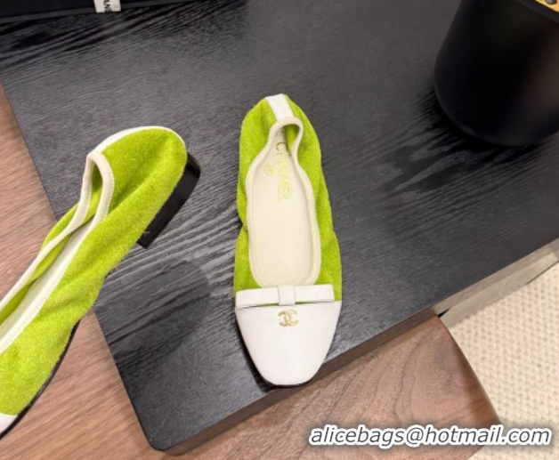 Shop Duplicate Chanel Suede & Calfskin Ballet Flats with Bow Green 2025 CH090202