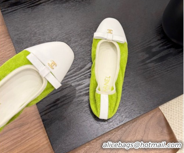 Shop Duplicate Chanel Suede & Calfskin Ballet Flats with Bow Green 2025 CH090202