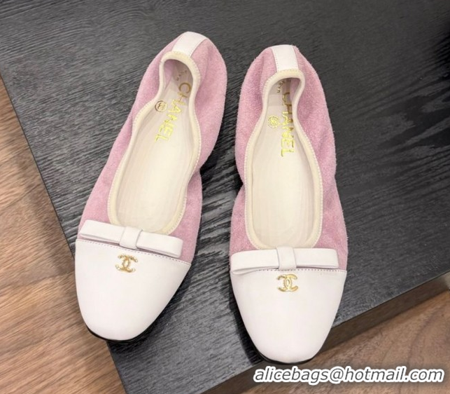 Luxury Chanel Suede & Calfskin Ballet Flats with Bow Pink 2025 CH090202