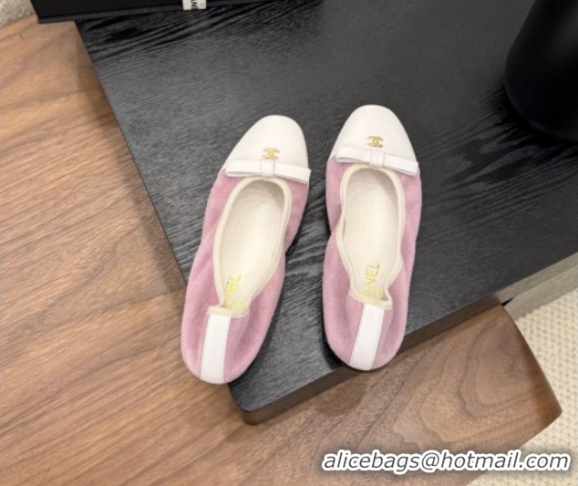 Luxury Chanel Suede & Calfskin Ballet Flats with Bow Pink 2025 CH090202