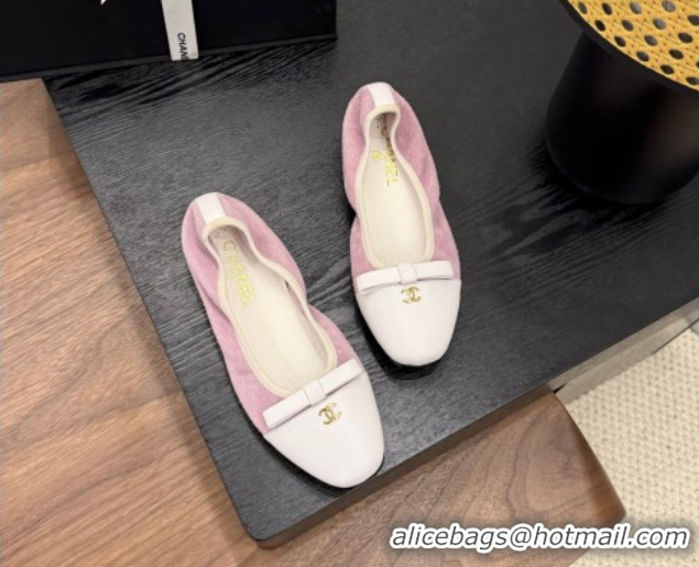 Luxury Chanel Suede & Calfskin Ballet Flats with Bow Pink 2025 CH090202
